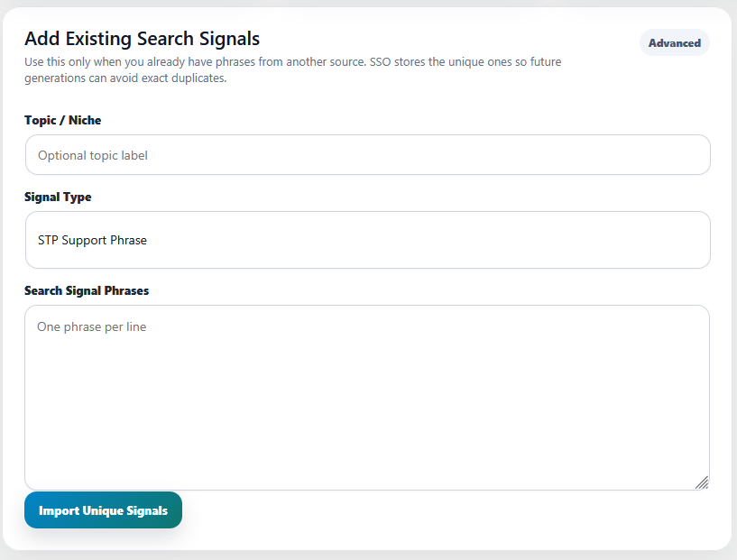 Search Signal Optimizer import existing search signals dashboard